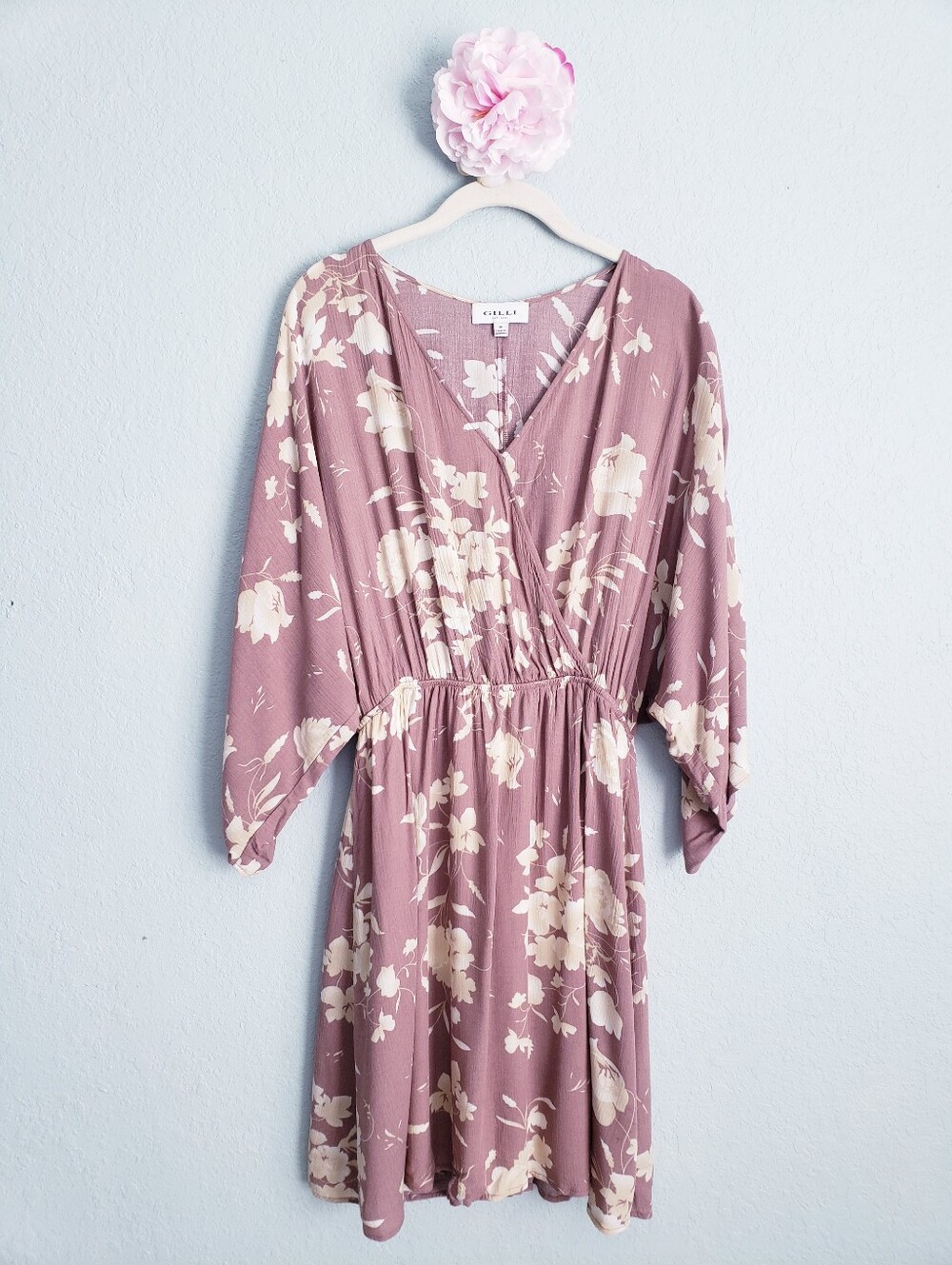 Gilli Mauve & Cream Floral Kimono Sleeve Mini Dress